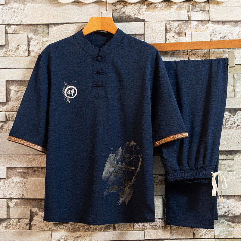2Pcs Tree Pattern Cotton Linen Frog-Button Short Sleeve Shirt Pants Men's Set