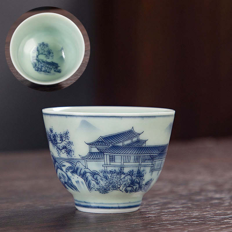 Blue Landscape Mountains Lotus Cute Cat Pavilions Magnolia Reed Egrets Ceramic Teacup Small Kung Fu Tea Cup