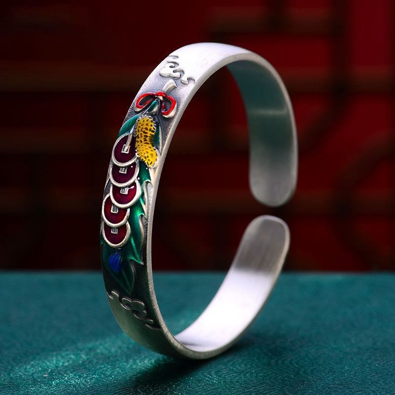 Feng Shui Five Emperor Coins Peanut Wealth Bracelet Bangle