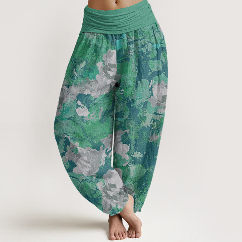 Rose Flowers Pattern Women's Elastic Waist Harem Pants