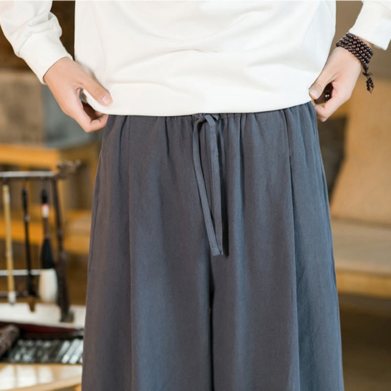 Solid Color Cotton Linen Drawstring Men's Harem Pants With Pockets