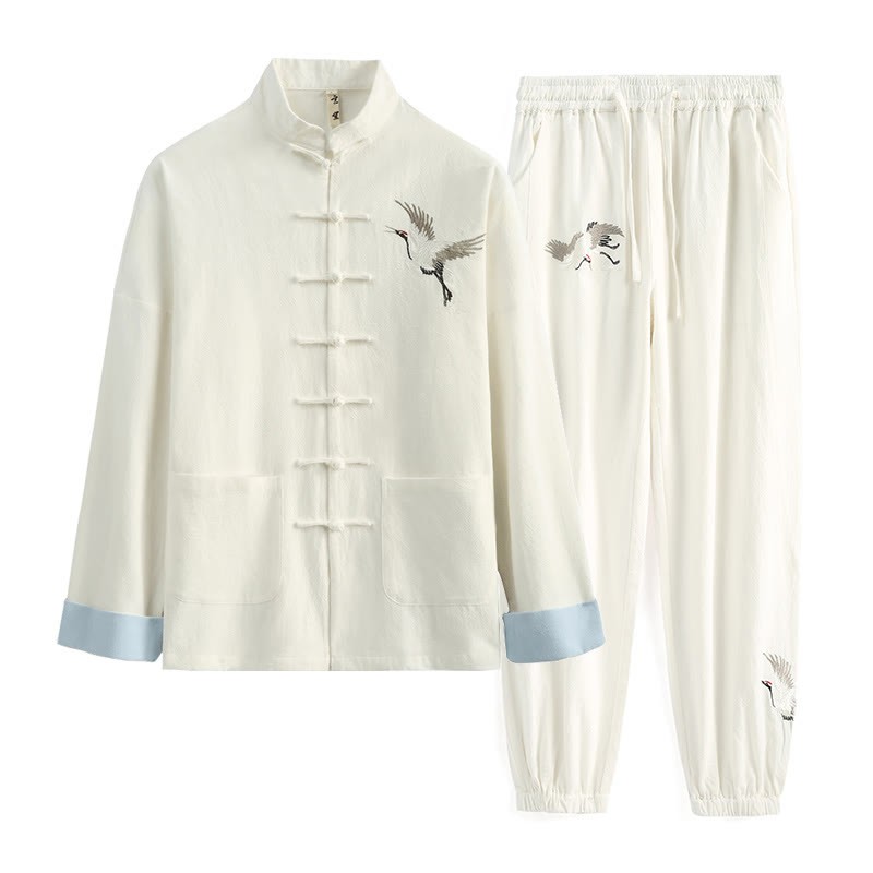 Chinese New Year Crane Embroidery Tang Suit Hanfu Long Sleeve Top Pants Clothing  Cotton Linen Men's Set With Pockets