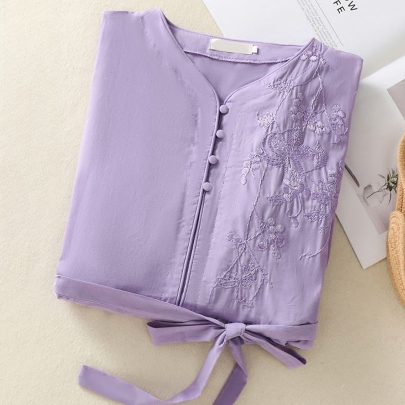 Summer Orchid Embroidery Lace-Up V-Neck Half Sleeve Cotton Linen Midi Dress With Pockets