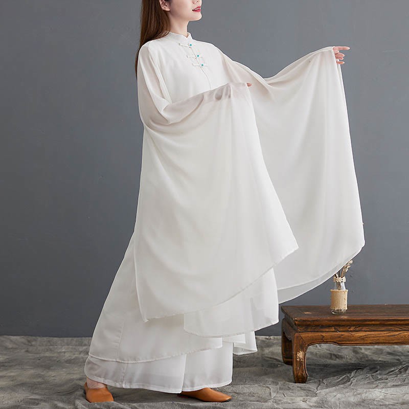 2Pcs Frog-Button Long Sleeve Midi Dress Wide Leg Pants Chiffon Zen Women's Set