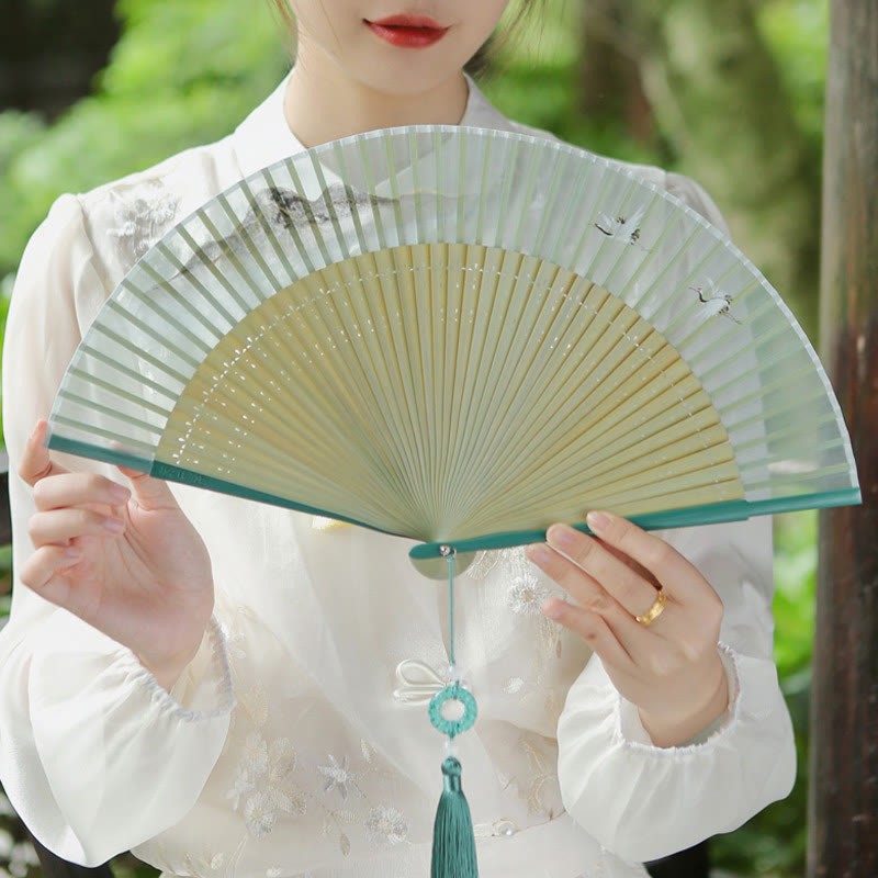 Retro Mountain River Crane Silk Handheld Bamboo Folding Fan