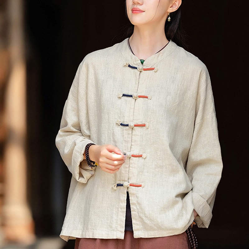 Solid Color Two-color Frog-button Long Sleeve Ramie Linen Women's Shirt
