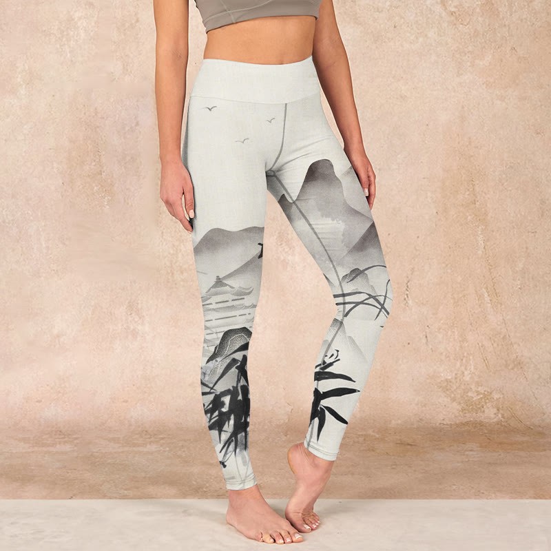 Ink Bamboo Mountains Print Gym Leggings Women's Yoga Pants