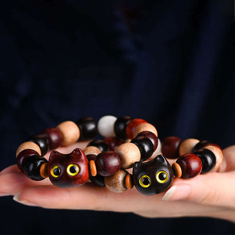Small Leaf Red Sandalwood Ebony Wood Cute Cat Engraved Protection Bracelet