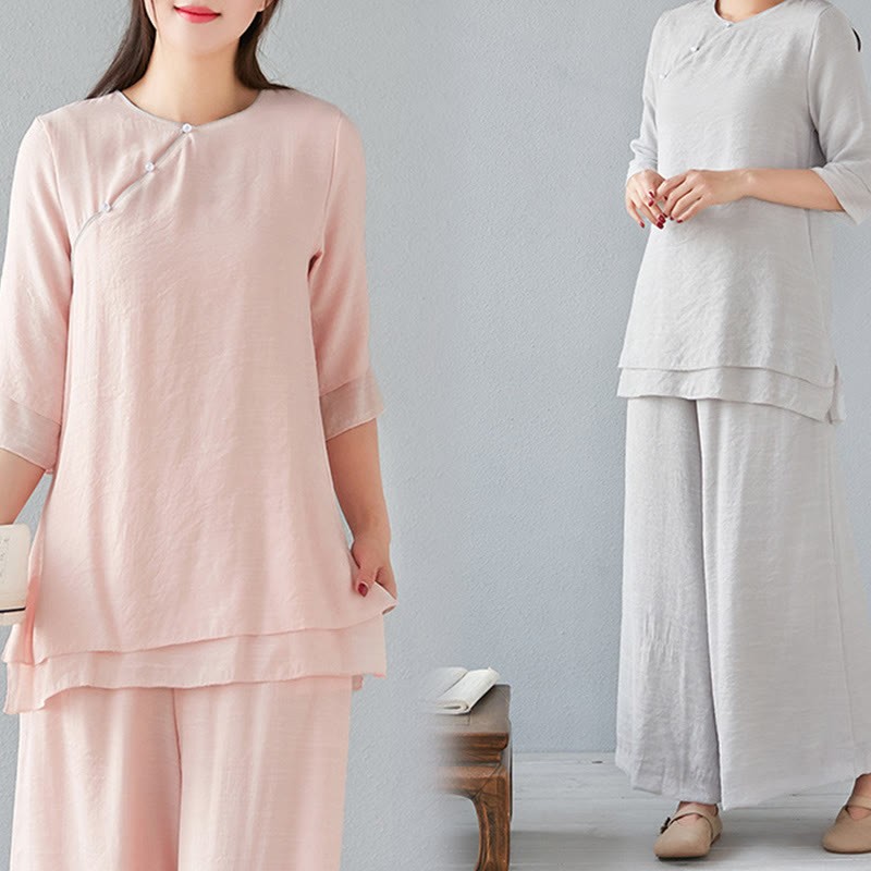 2Pcs Three Quarter Sleeve Long Sleeve Shirt Wide Leg Pants Meditation Cotton Linen Clothing Women's Set