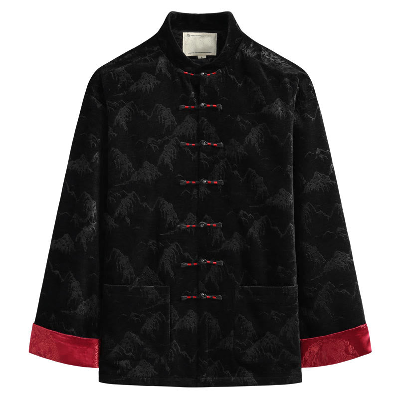 Chinese New Year Landscape Print Handmade Frog-button Tang Suit Men's Jacket Shirt With Pockets