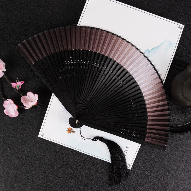Cranes Auspicious Clouds Solid Color Gradient Handheld Cotton Linen Fabric Bamboo Folding Fan
