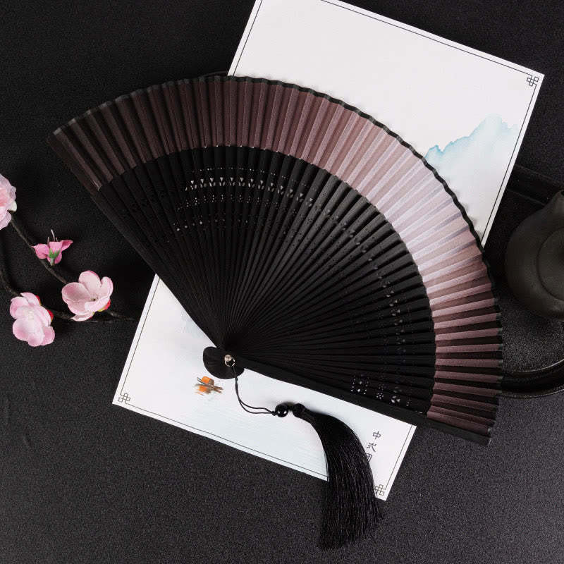 Cranes Auspicious Clouds Solid Color Gradient Handheld Cotton Linen Fabric Bamboo Folding Fan