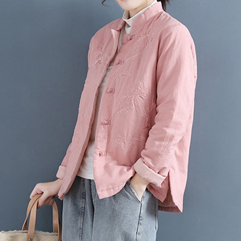 Retro Flower Design Thermal Long Sleeve Cotton Linen Women's Shirt