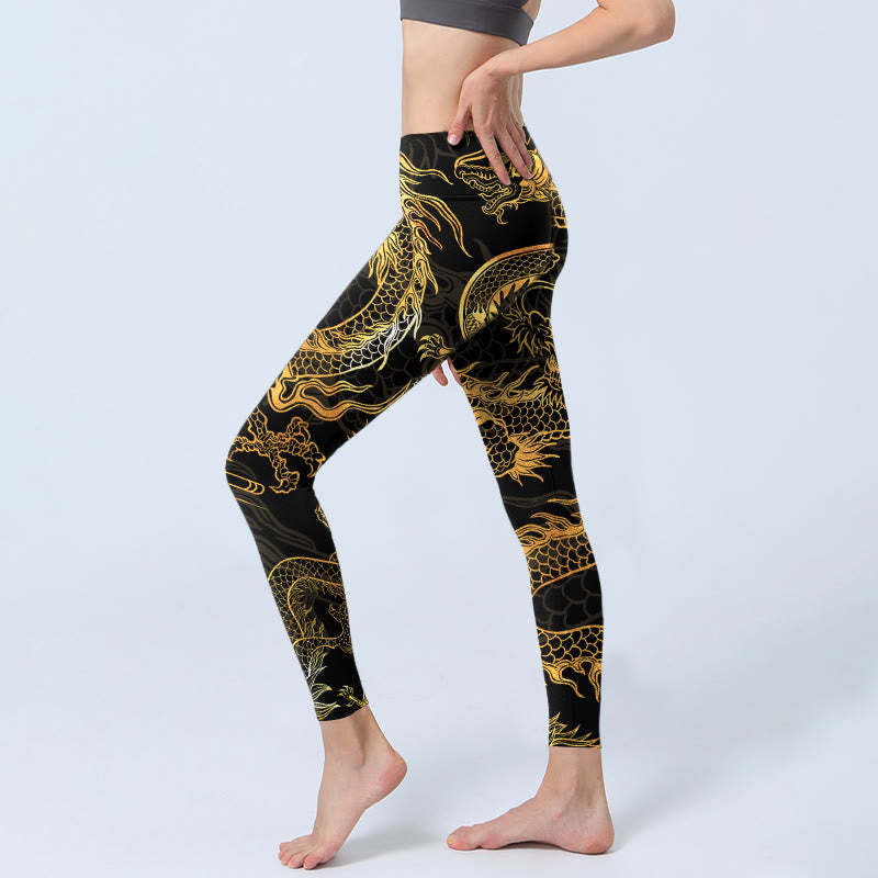 Golden Dragon Print Gym Leggings Women's Yoga Pants