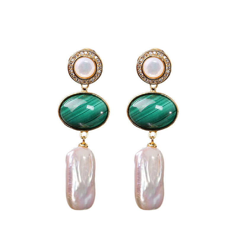 925 Sterling Silver Natural Baroque Pearl Malachite Healing Wisdom Drop Earrings
