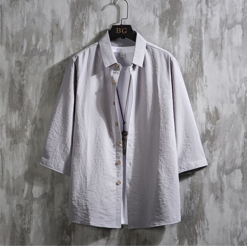 Casual Solid Color Front Button Three Quarter Sleeves Men's Shirt