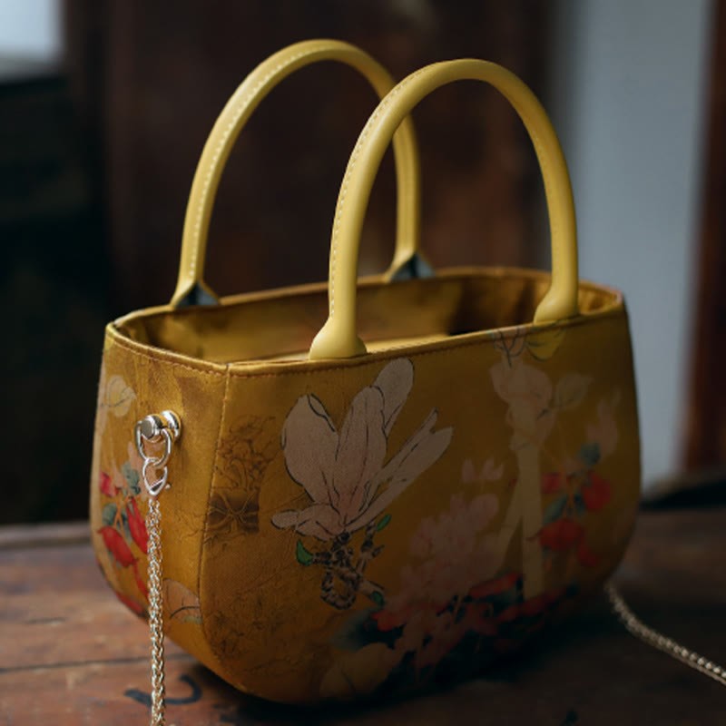 Vintage Flower Peony Metal Chain Zipper Handbag Crossbody Bag Shoulder Bag