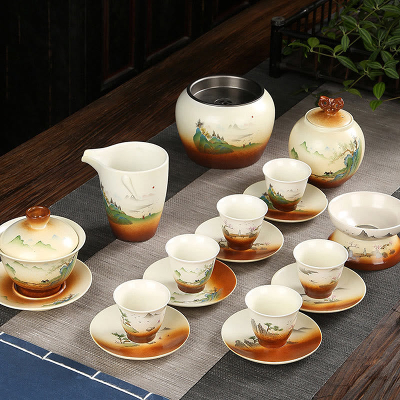 Mountain Landscape Countryside Ceramic Gaiwan Sancai Teacup Kung Fu Tea Cup And Saucer With Lid