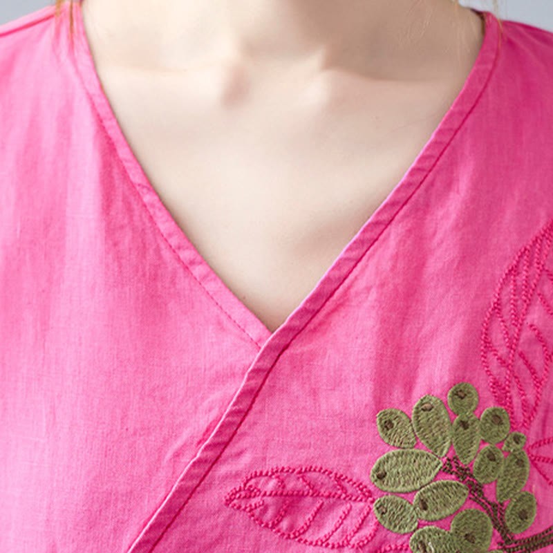 Summer Casual Ethnic Embroidery Flower Lace-up Short Sleeve V-neck Cotton Linen Women's T-Shirt