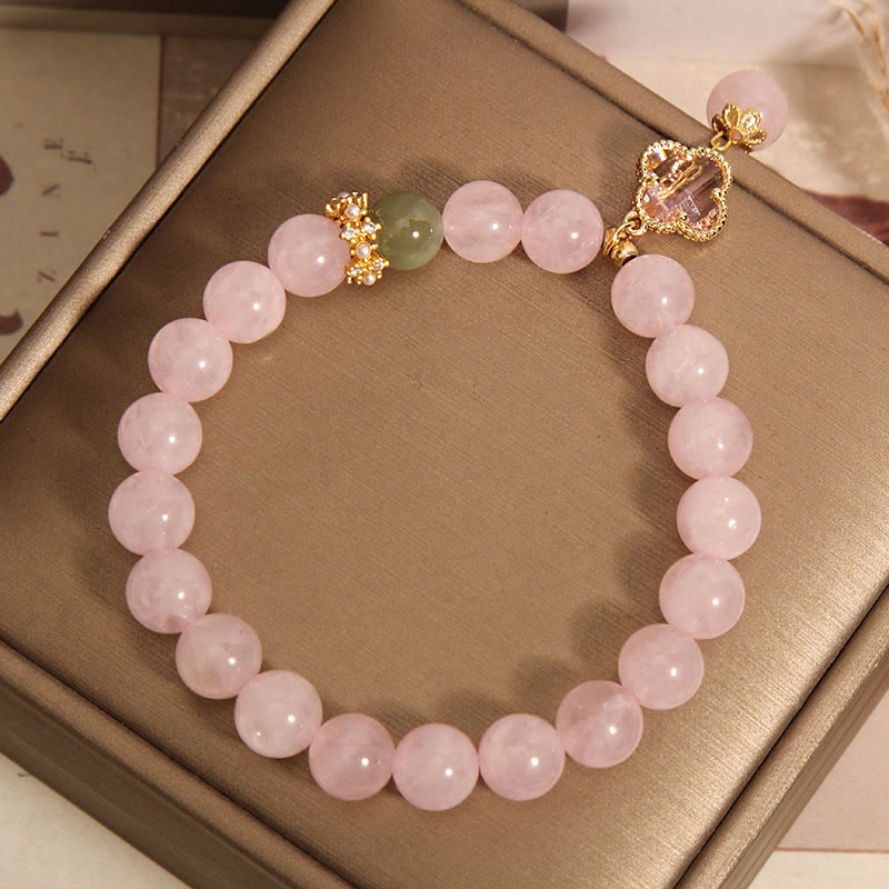 Natural Pink Crystal Four Leaf Clover Soothing Bracelet