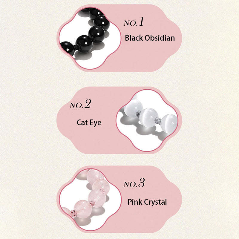 Natural Black Obsidian Cat's Eye Pink Crystal PiXiu Strength Bracelet