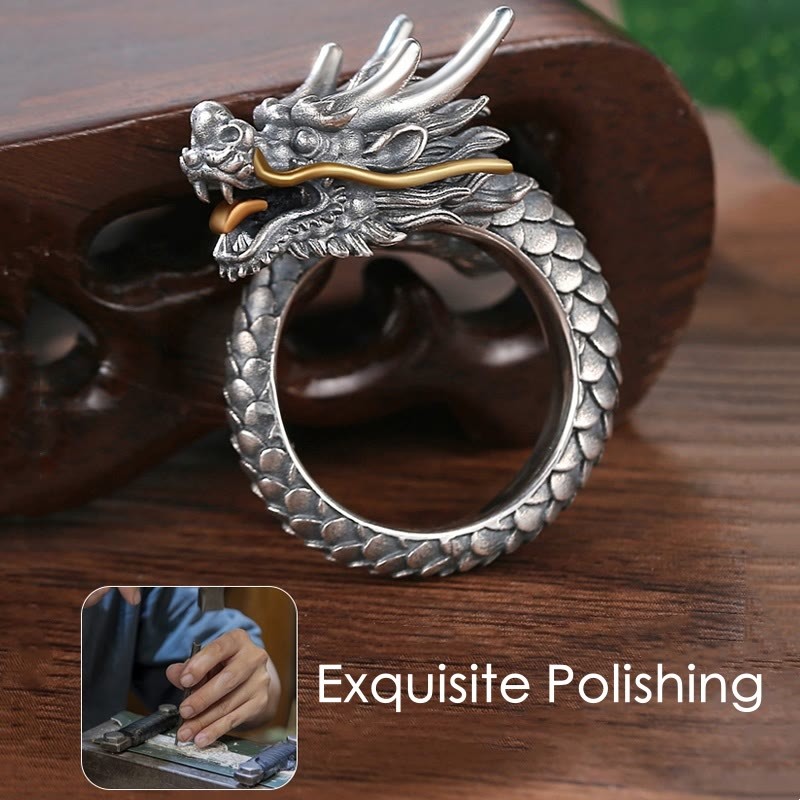 925 Sterling Silver Vintage Dragon Design Protection Strength Adjustable Ring