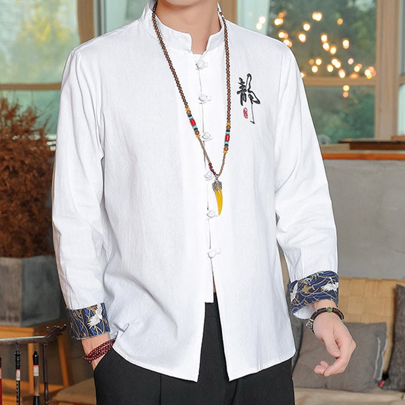 Fall Solid Long Sleeve Frog-Button Shirt Linen Men Zen Clothing