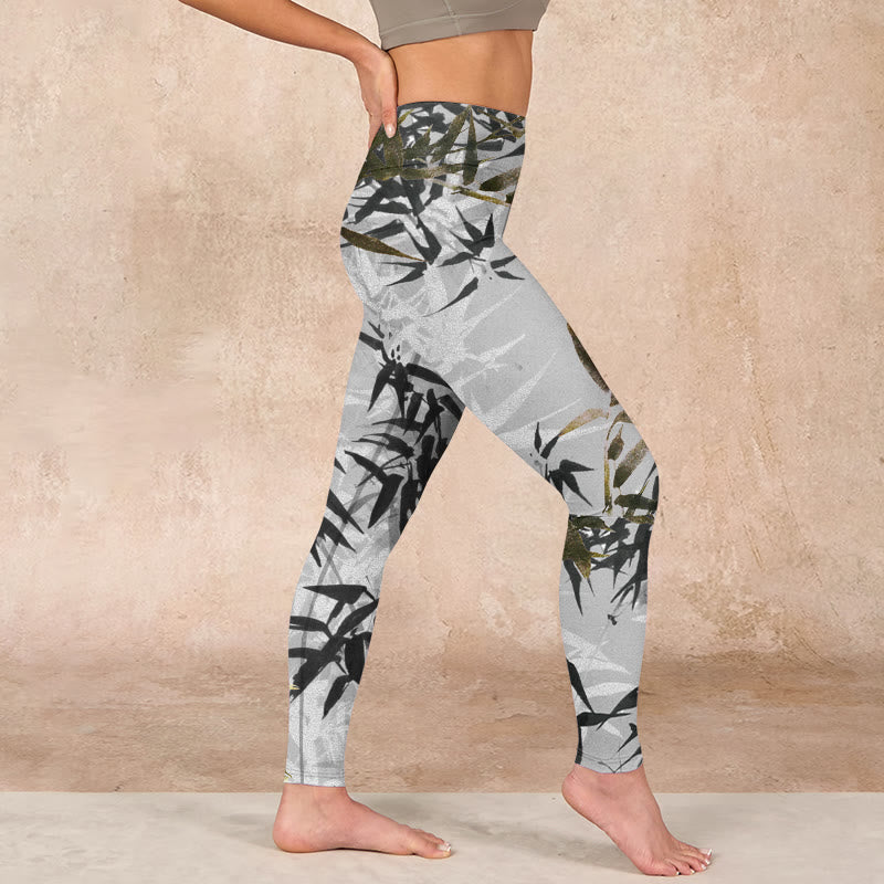 Dark Gray Bamboo Leaves Print Gym Leggings Women's Yoga Pants