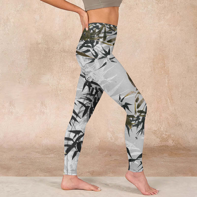 Dark Gray Bamboo Leaves Print Gym Leggings Women's Yoga Pants