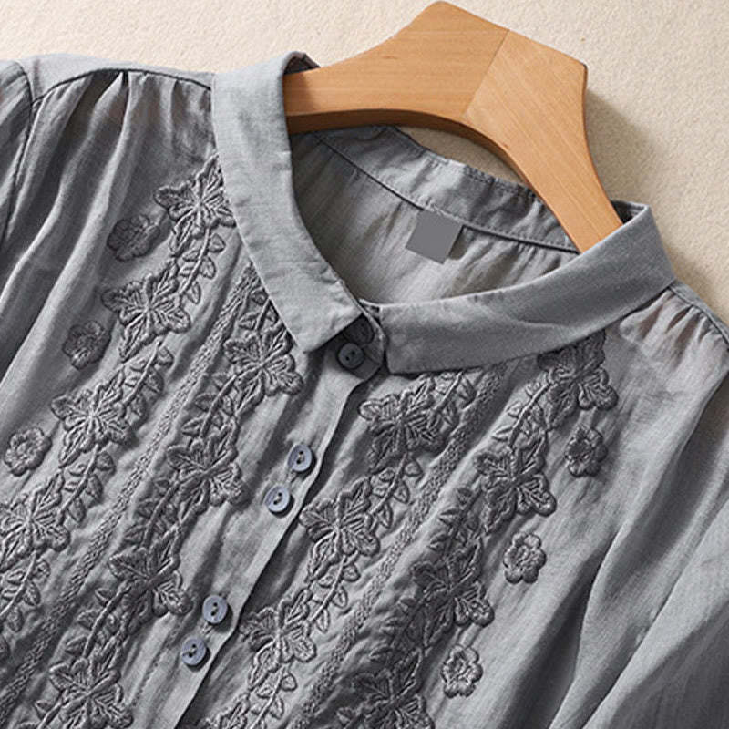 Summer Plain Button Embroidery Flower Pattern Three Quarter Sleeve Lapel Cotton Linen Women's Shirt