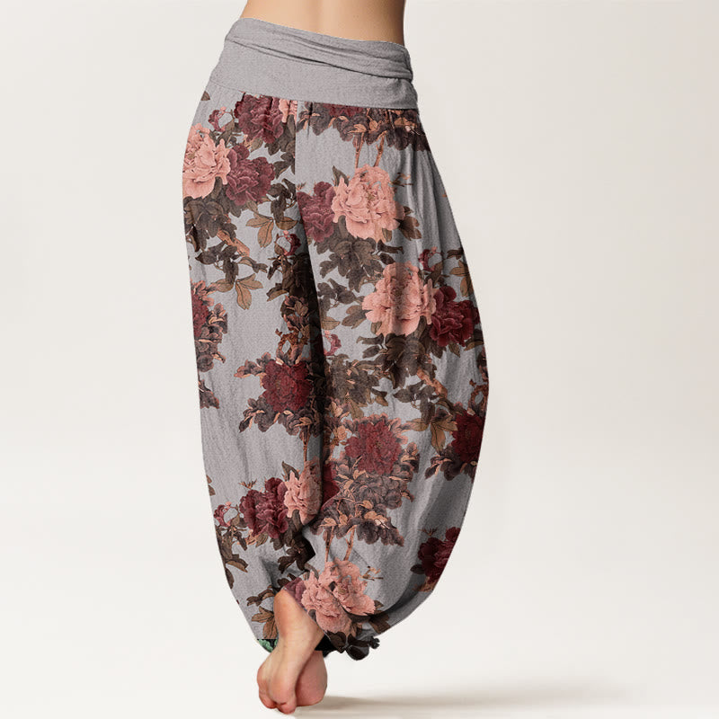 Casual Lush Peony Flowers Leaf Pattern Women's Elastic Waist Harem Pants