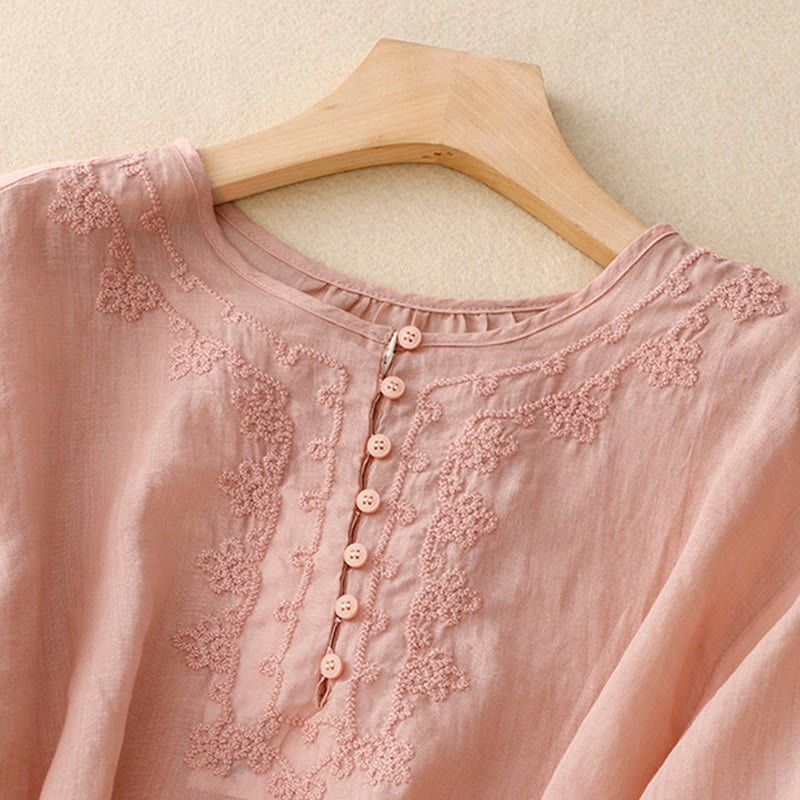 Casual Women's Plain Frog Buckle Design Half Sleeve Cotton Linen Shirt
