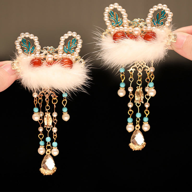 Chinese Ancient Style Flower Pearl Rabbit Tassel Hair Clip