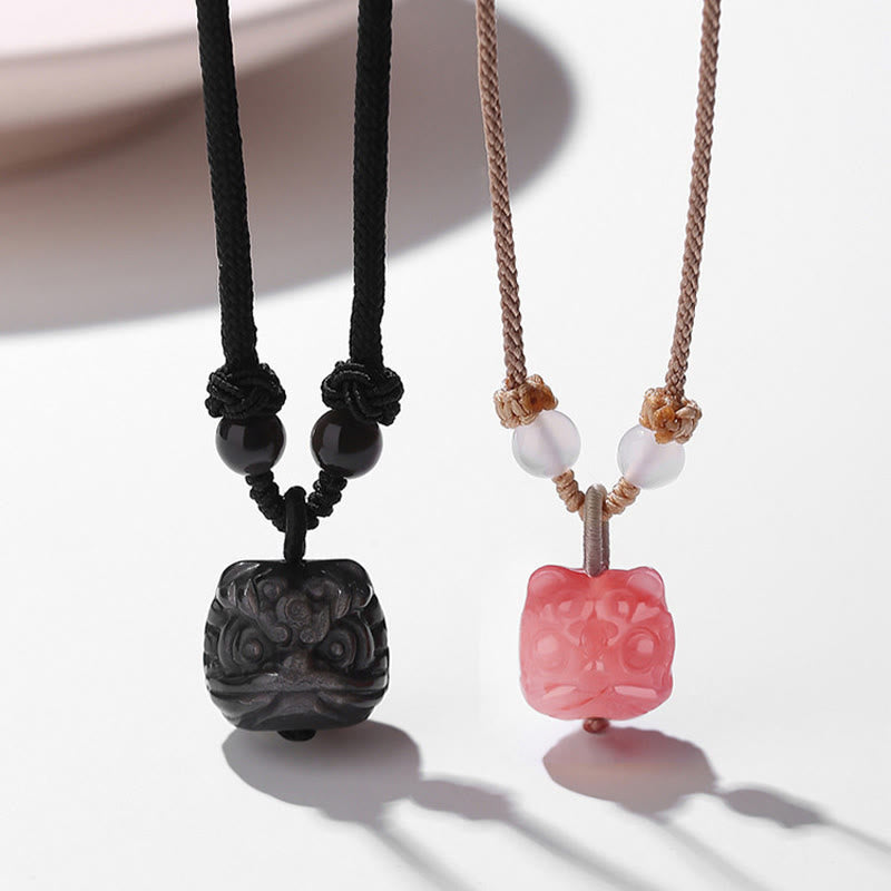 Natural Silver Sheen Obsidian Red Agate Dancing Lion Protection Necklace Pendant