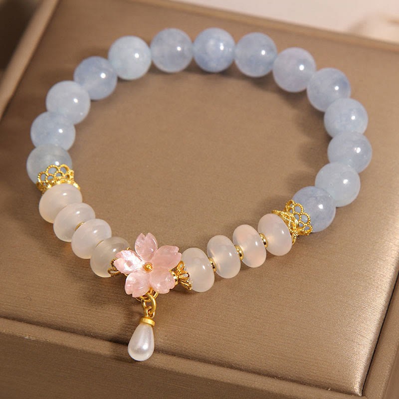 Aquamarine White Agate Pearl Abacus Beads Flower Healing Bracelet