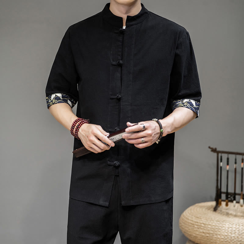 Frog-Button Chinese Tang Suit Half Sleeve Crane Shirt Jacket Linen Men Clothing