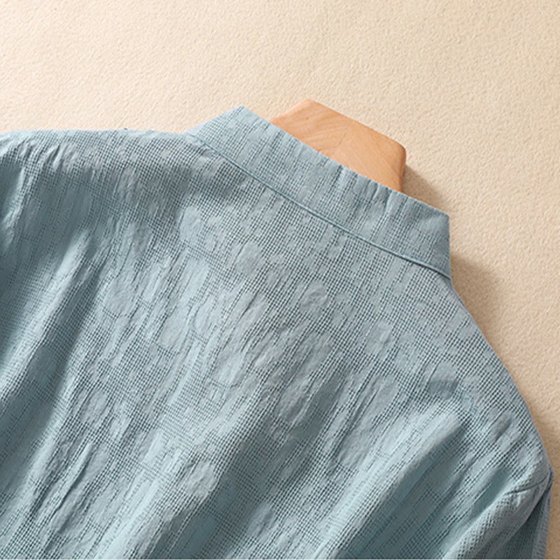 Plum Blossom Embroidery Frog-Button Short Sleeve Cotton Linen Shirt