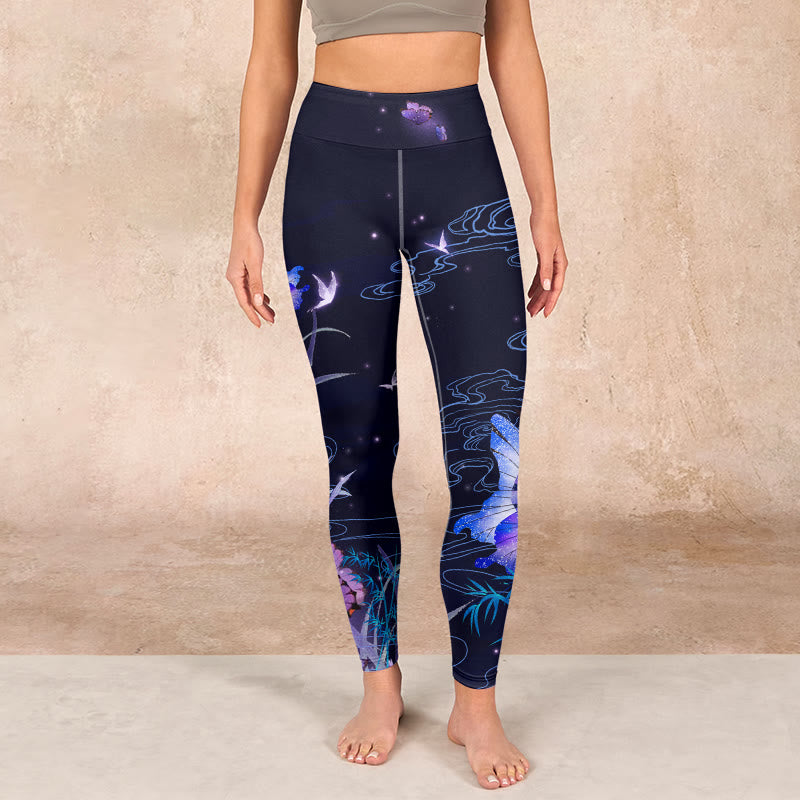 Midnight Blue Flower Purple Butterfly Exercise Leggings Women's Yoga Pants