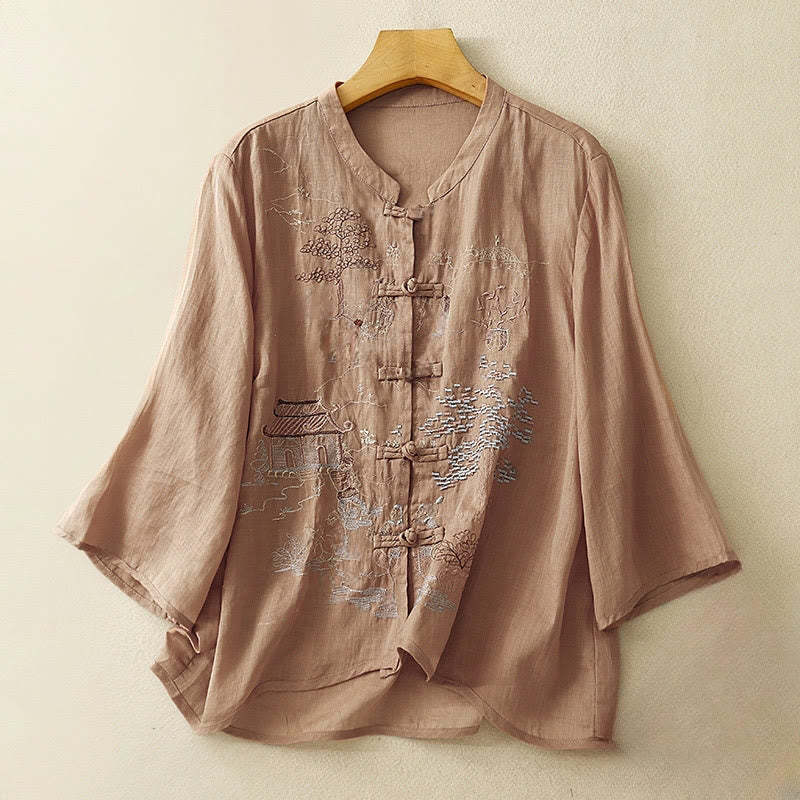 Casual Women's Frog-Button Embroidered Plant Crew Neck Design Three Quarter Sleeve Cotton Shirt