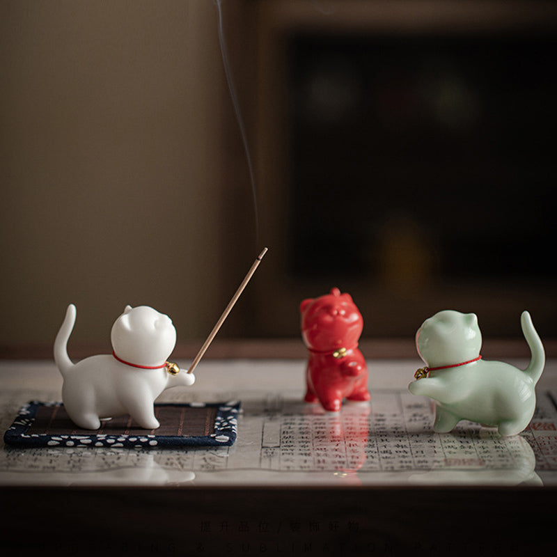 Mini Lucky Cat Kitten Tea Pet Ceramic Home Desk Figurine Decoration With Bamboo Mat