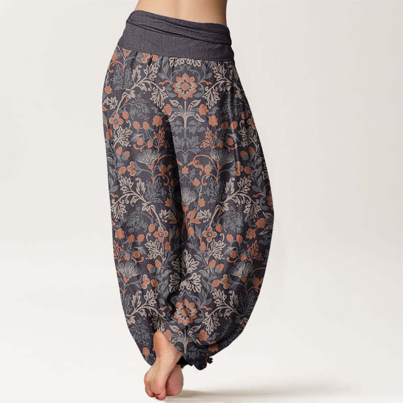 Casual Flower Vine Leaves Pattern Women's Elastic Waist Harem Pants