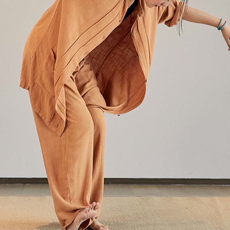 Plain Long Sleeve Coat Jacket Top Wide Leg Pants Zen Tai Chi Yoga Meditation Clothing