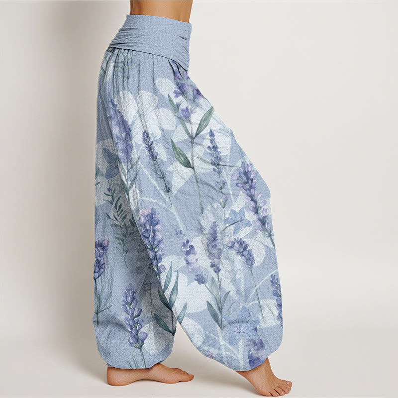 Casual Lavender Flowers Lilies Women's Elastic Waist Harem Pants