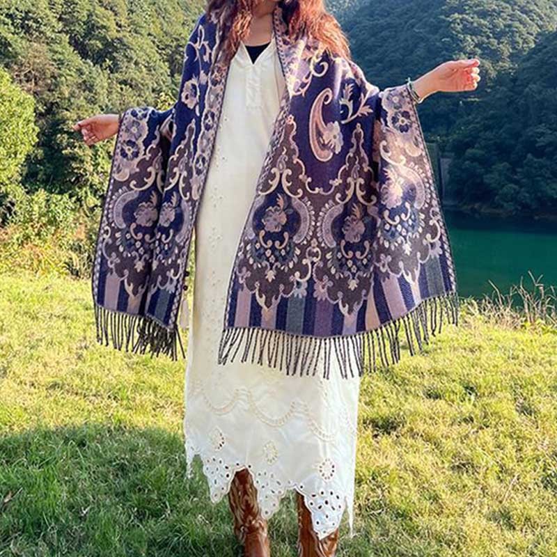 Tibetan Flowers Leaves Branch Design Tassel Shawl Cozy Travel Scarf Wrap