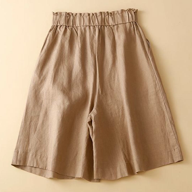 Plain Color Pleated Zipper Button Cotton Linen Women's Shorts With Pockets