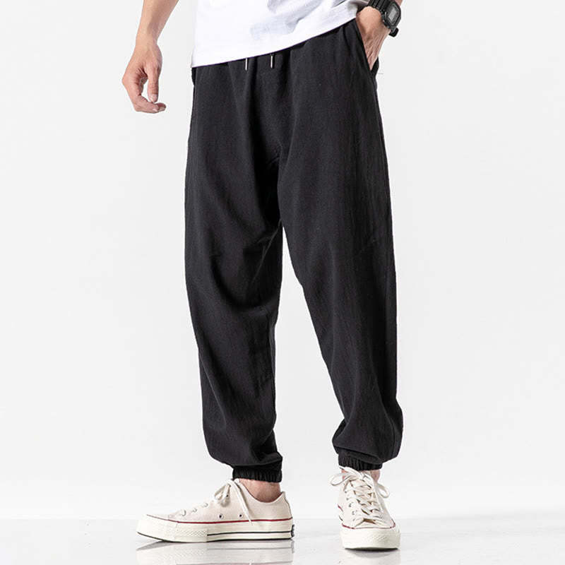 Solid Color Drawstring Cotton Men's Pants With Pockets
