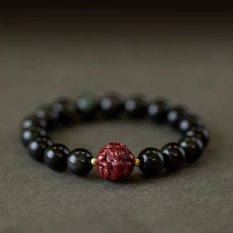 Chinese Zodiac Natural Black Obsidian Cinnabar Purification Bracelet