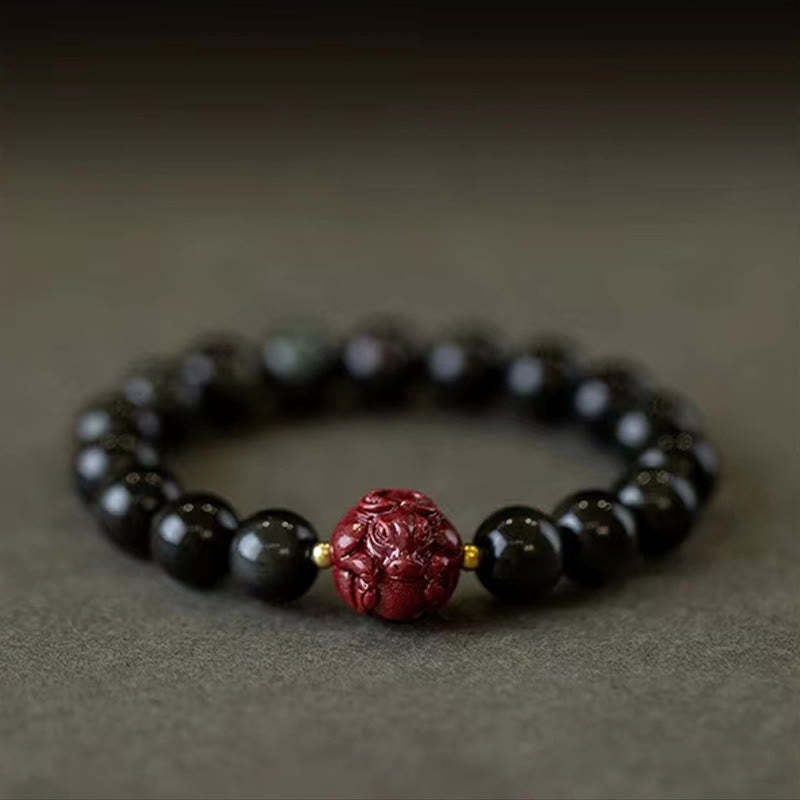 Chinese Zodiac Natural Black Obsidian Cinnabar Purification Bracelet