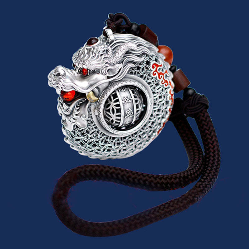 999 Sterling Silver Year of the Dragon Rotatable Ball Five Elements Copper Coin Strength Hanging Decoration