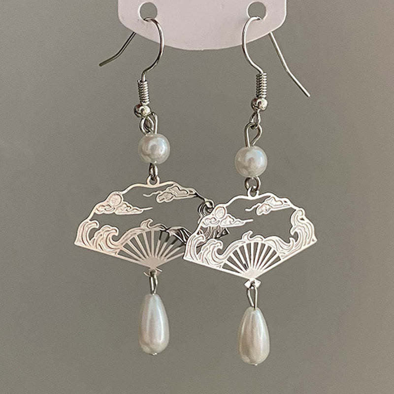 Copper Fan Auspicious Clouds Pearl Healing Drop Earrings